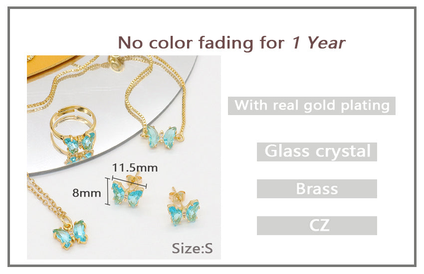 Miss Jewelry Bling Bling Glass Crystal Butterfly 18K Gold Plated Necklace Bracelet Ring Earring Stud Jewelry Set for Women