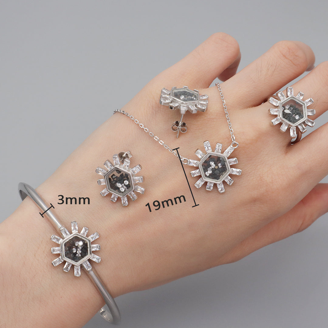 Manufacture Wholesale Good Quality Fashion China Factory Custom Women CZ Round Glass Mirror Rhodium Plated 925 Sterling Silver Bracelet Necklace Earrings Stud Rings Jewelry Set