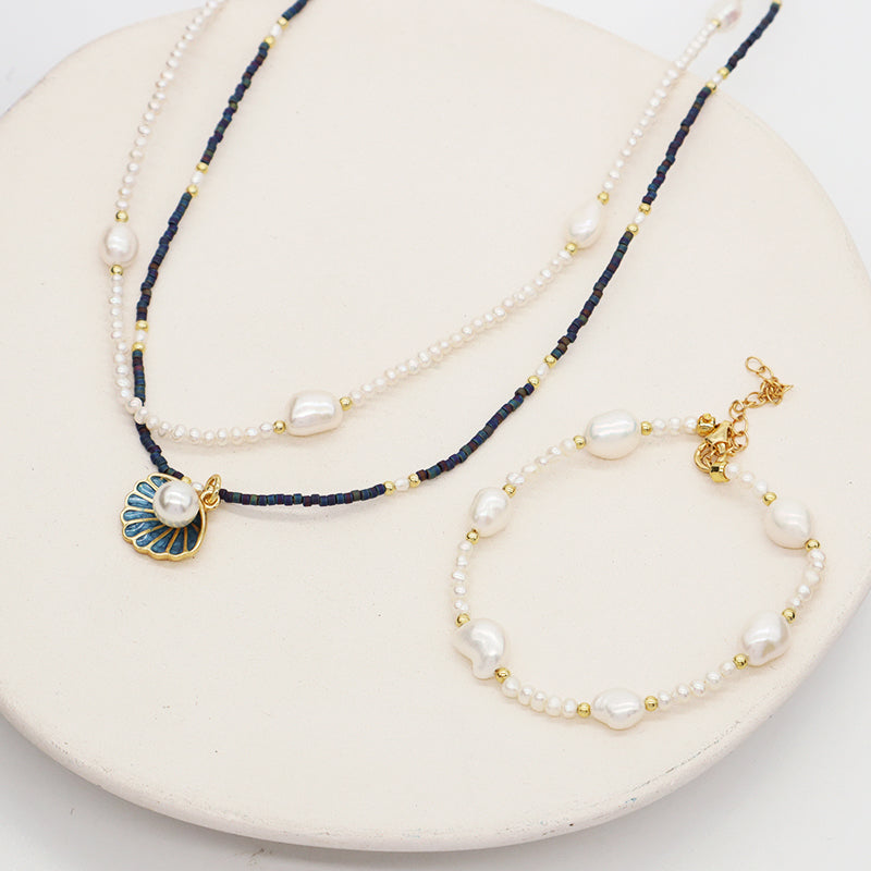 Custom Women Gift Handmade Gold Plated Baroque Freshwater Pearl Bracelet Miyuki Beaded Shell Conch SeaStar Necklace Jewelry Set