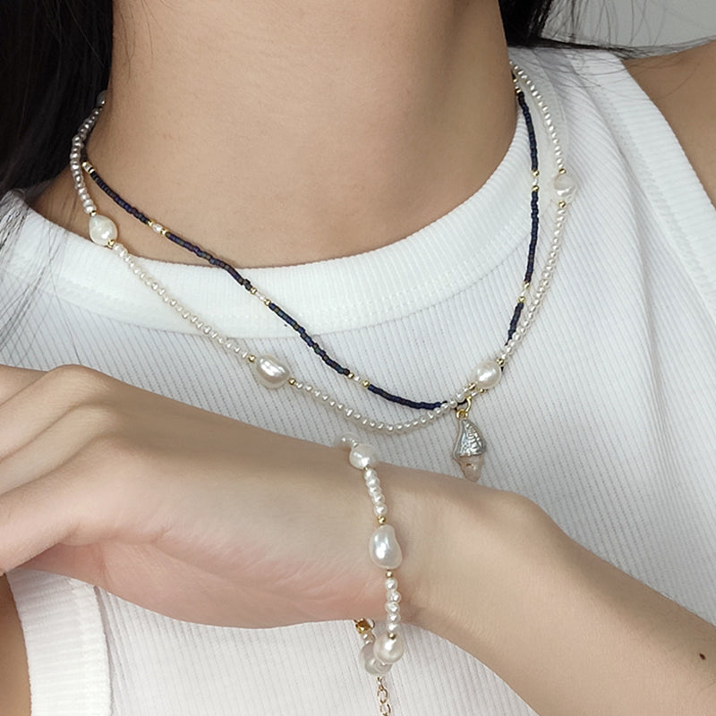 Custom Women Gift Handmade Gold Plated Baroque Freshwater Pearl Bracelet Miyuki Beaded Shell Conch SeaStar Necklace Jewelry Set