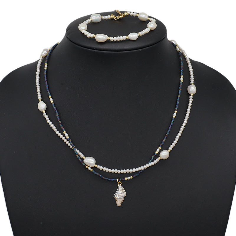 Custom Women Gift Handmade Gold Plated Baroque Freshwater Pearl Bracelet Miyuki Beaded Shell Conch SeaStar Necklace Jewelry Set