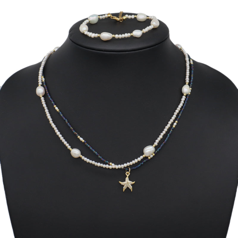 Custom Women Gift Handmade Gold Plated Baroque Freshwater Pearl Bracelet Miyuki Beaded Shell Conch SeaStar Necklace Jewelry Set