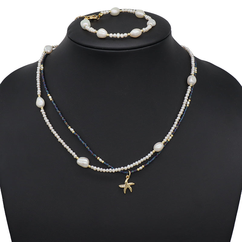 Custom Women Gift Handmade Gold Plated Baroque Freshwater Pearl Bracelet Miyuki Beaded Shell Conch SeaStar Necklace Jewelry Set