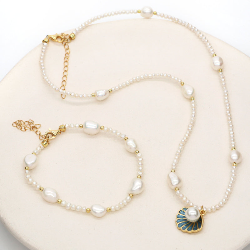 Handmade Wholesale Custom Women Shell Conch SeaStar Pendant Necklace Gold Plated Freshwater Pearl Beads Bracelet Jewelry Set