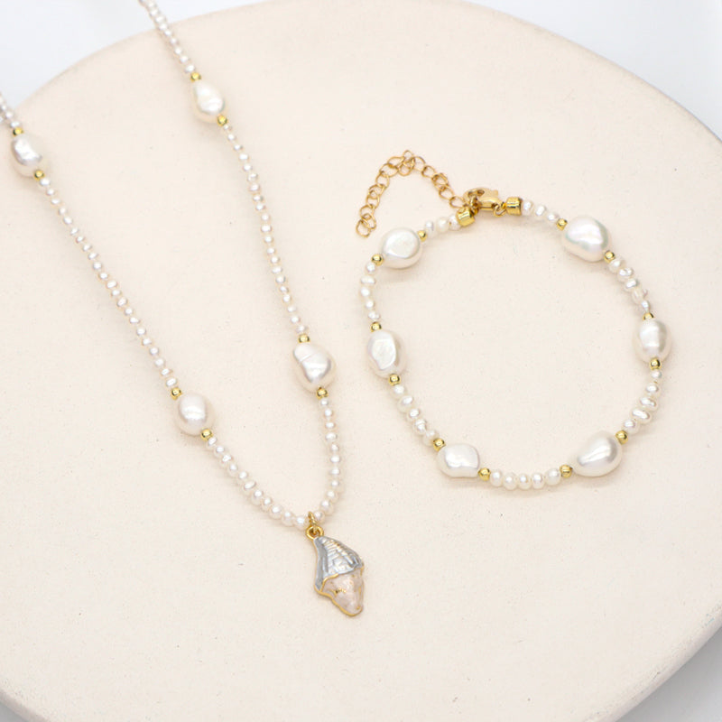 Handmade Wholesale Custom Women Shell Conch SeaStar Pendant Necklace Gold Plated Freshwater Pearl Beads Bracelet Jewelry Set