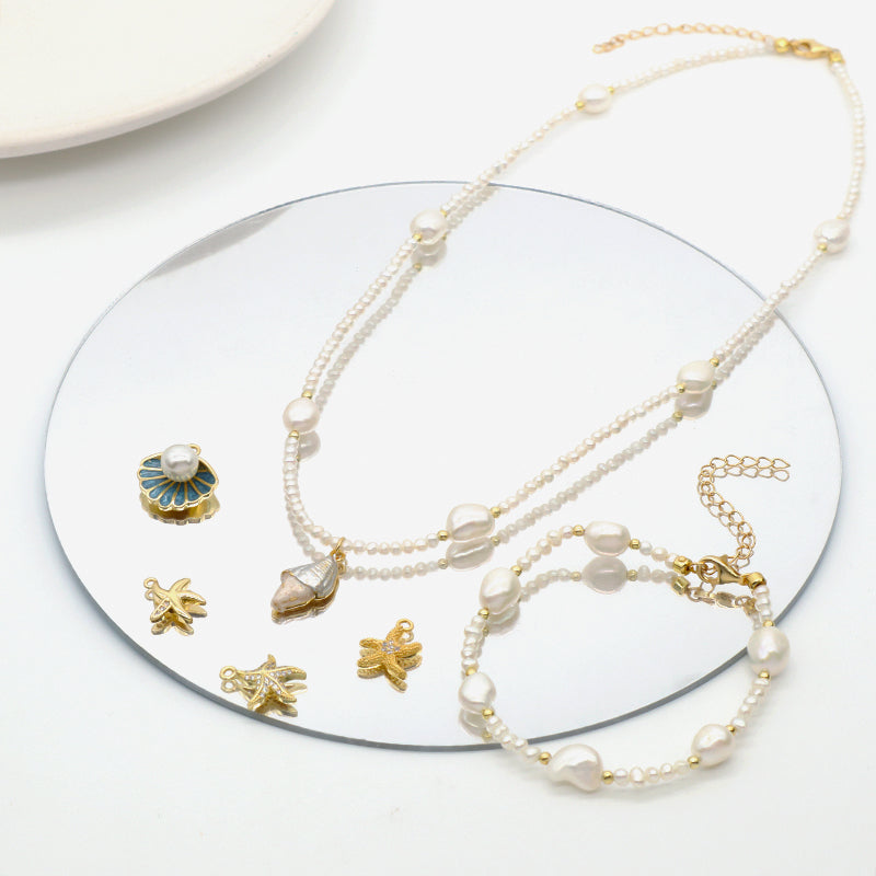 Handmade Wholesale Custom Women Shell Conch SeaStar Pendant Necklace Gold Plated Freshwater Pearl Beads Bracelet Jewelry Set