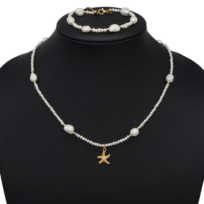 Handmade Wholesale Custom Women Shell Conch SeaStar Pendant Necklace Gold Plated Freshwater Pearl Beads Bracelet Jewelry Set