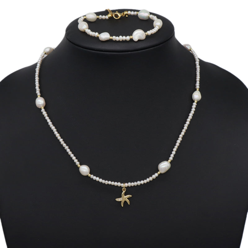 Handmade Wholesale Custom Women Shell Conch SeaStar Pendant Necklace Gold Plated Freshwater Pearl Beads Bracelet Jewelry Set