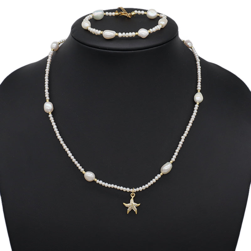 Handmade Wholesale Custom Women Shell Conch SeaStar Pendant Necklace Gold Plated Freshwater Pearl Beads Bracelet Jewelry Set