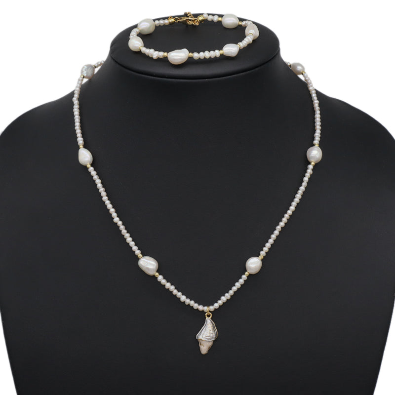 Handmade Wholesale Custom Women Shell Conch SeaStar Pendant Necklace Gold Plated Freshwater Pearl Beads Bracelet Jewelry Set