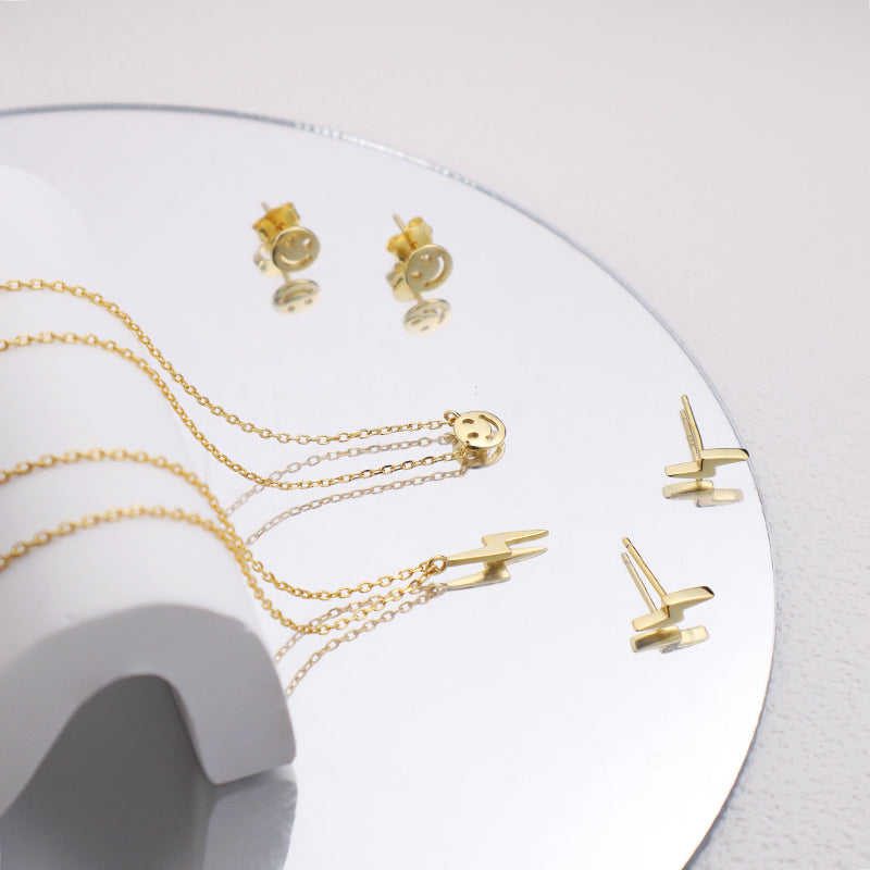 Wholesale Trendy Women Gift Custom Gold Plated Smiley Face Lightning Earrings Stud Necklace 925 Sterling Silver Jewelry Sets