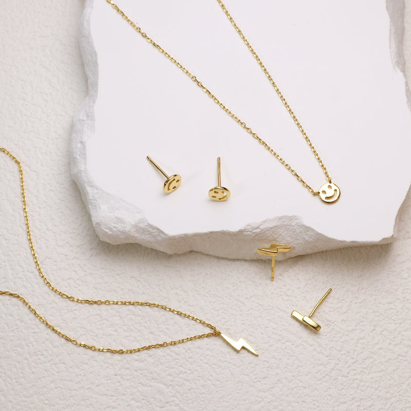 Wholesale Trendy Women Gift Custom Gold Plated Smiley Face Lightning Earrings Stud Necklace 925 Sterling Silver Jewelry Sets