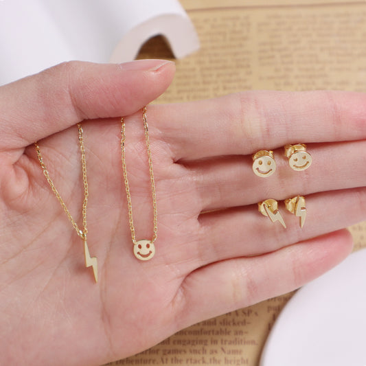 Wholesale Trendy Women Gift Custom Gold Plated Smiley Face Lightning Earrings Stud Necklace 925 Sterling Silver Jewelry Sets