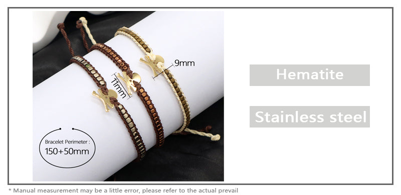 Wholesale Custom Jewelry Fashion Braided Woven Jewelry Adjustable Stainless Steel Skull Charm Hematite Bracelets For Men Women