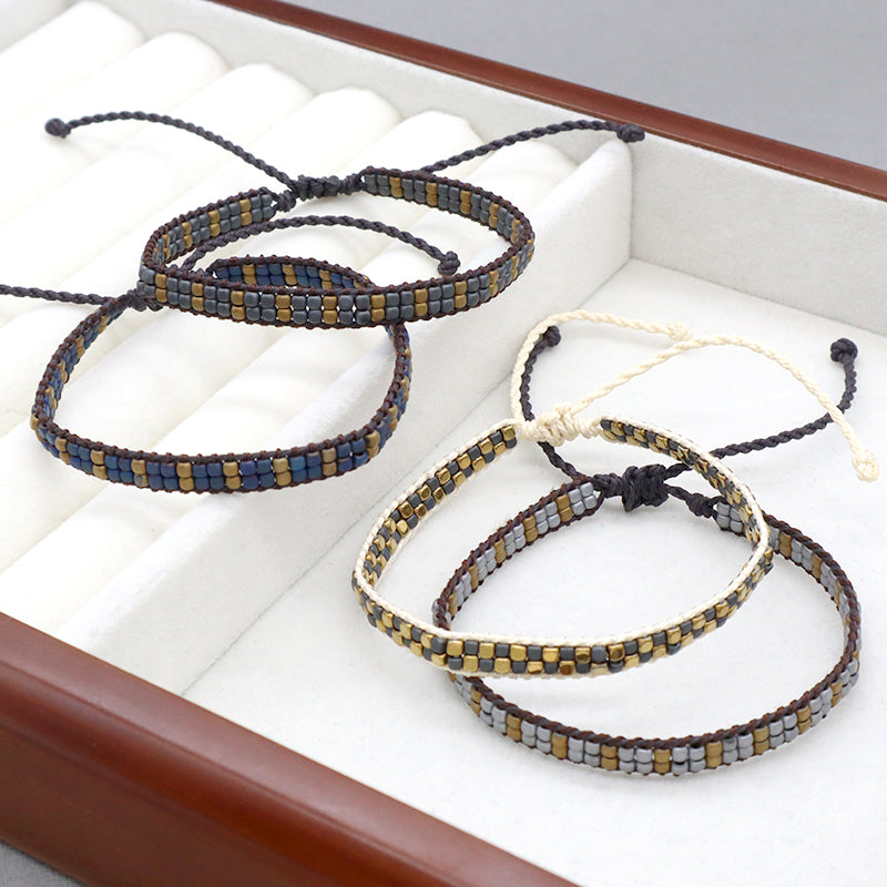 Custom Woven Good quality Oem Wholesale Simple Design Best Friend Handmade Ajustable Double Rows Hematite Beads Bangle Bracelet