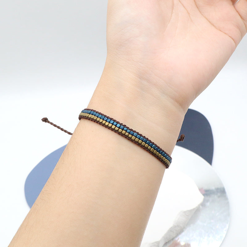 Oem Custom Simple Design Woven Good quality  Wholesale Best Friend Handmade Ajustable Double Rows Hematite Beads Bangle Bracelet