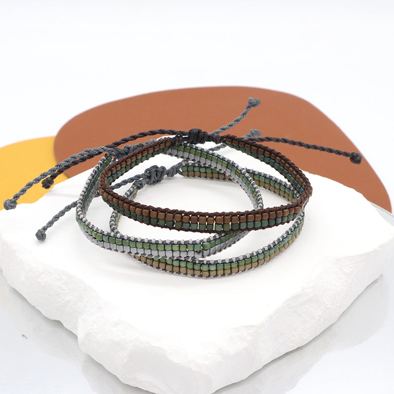 Oem Custom Woven Wholesale Simple Design Best Friend Handmade Ajustable Double Layers Hematite Beads Bangle Bracelet