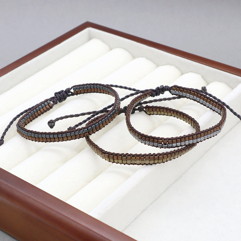 Handmade Oem Good Quality Wholesale Simple Design Custom Woven Best Friend Ajustable Double Rows Hematite Beads Bangle Bracelet