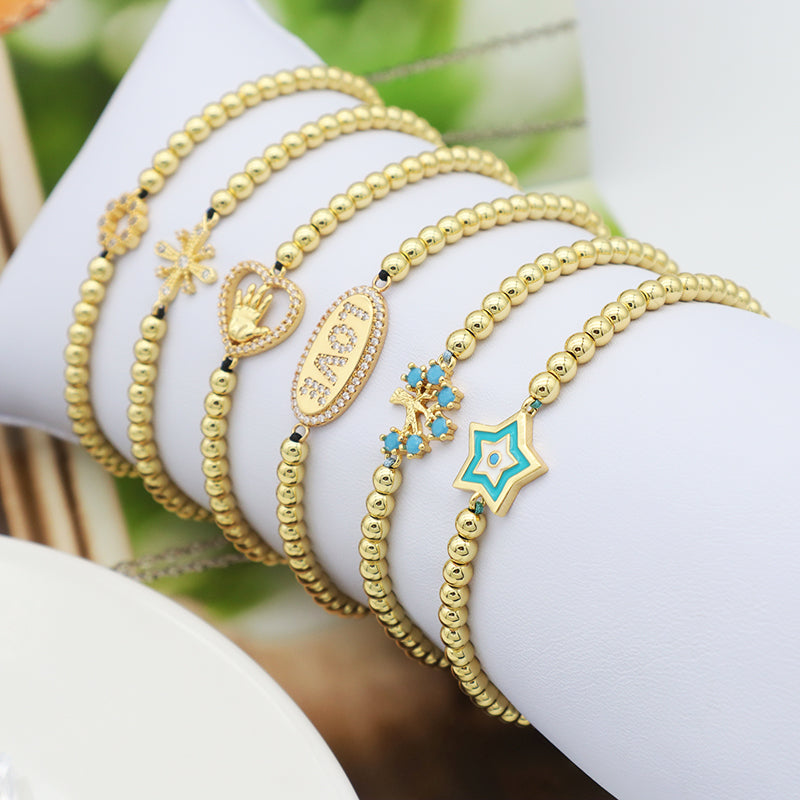 Women Adjustable Gold Plated Bead Bracelet  Tree Cross Hamsa Lucky Charm Bracelet