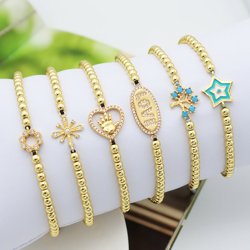 Women Adjustable Gold Plated Bead Bracelet  Tree Cross Hamsa Lucky Charm Bracelet