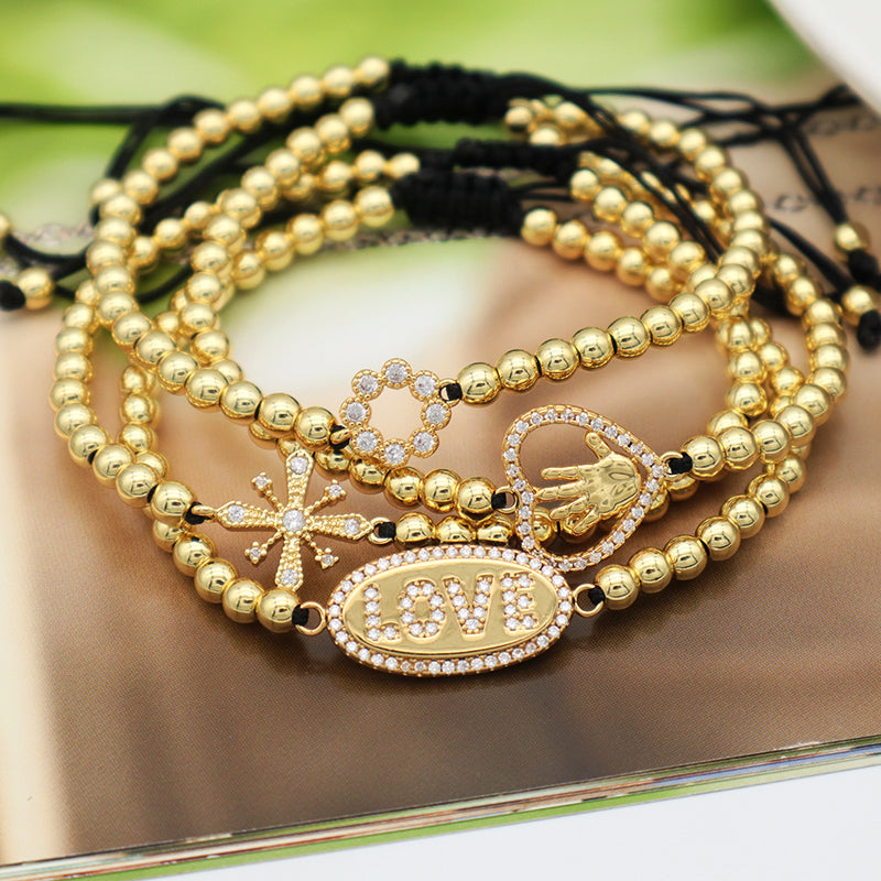 Women Adjustable Gold Plated Bead Bracelet  Tree Cross Hamsa Lucky Charm Bracelet