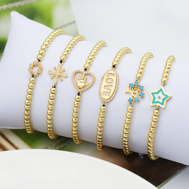 Women Adjustable Gold Plated Bead Bracelet  Tree Cross Hamsa Lucky Charm Bracelet