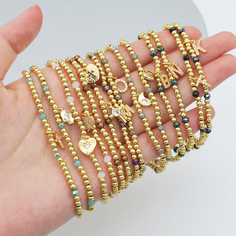 Custom Handmade Women Jewelry Gold Plated Bangles Heart Moon Cross Initial Letter Charm Brass Ball Glass Crystal Bracelets
