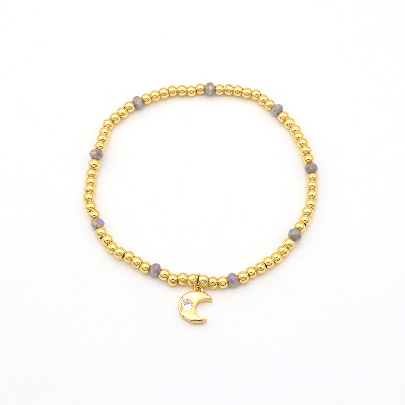 Custom Handmade Women Jewelry Gold Plated Bangles Heart Moon Cross Initial Letter Charm Brass Ball Glass Crystal Bracelets