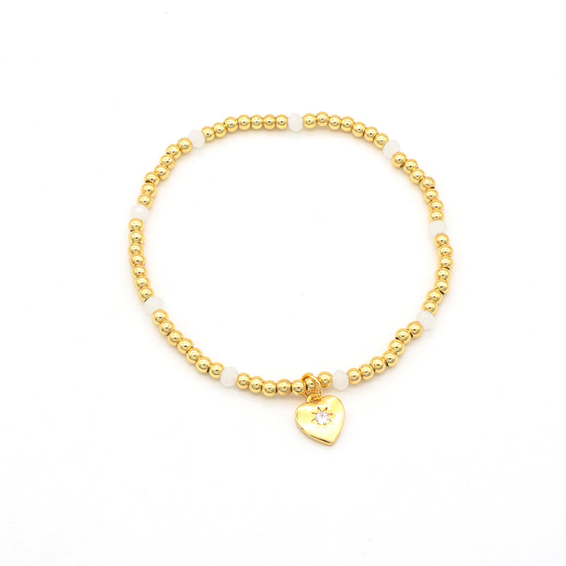 Custom Handmade Women Jewelry Gold Plated Bangles Heart Moon Cross Initial Letter Charm Brass Ball Glass Crystal Bracelets