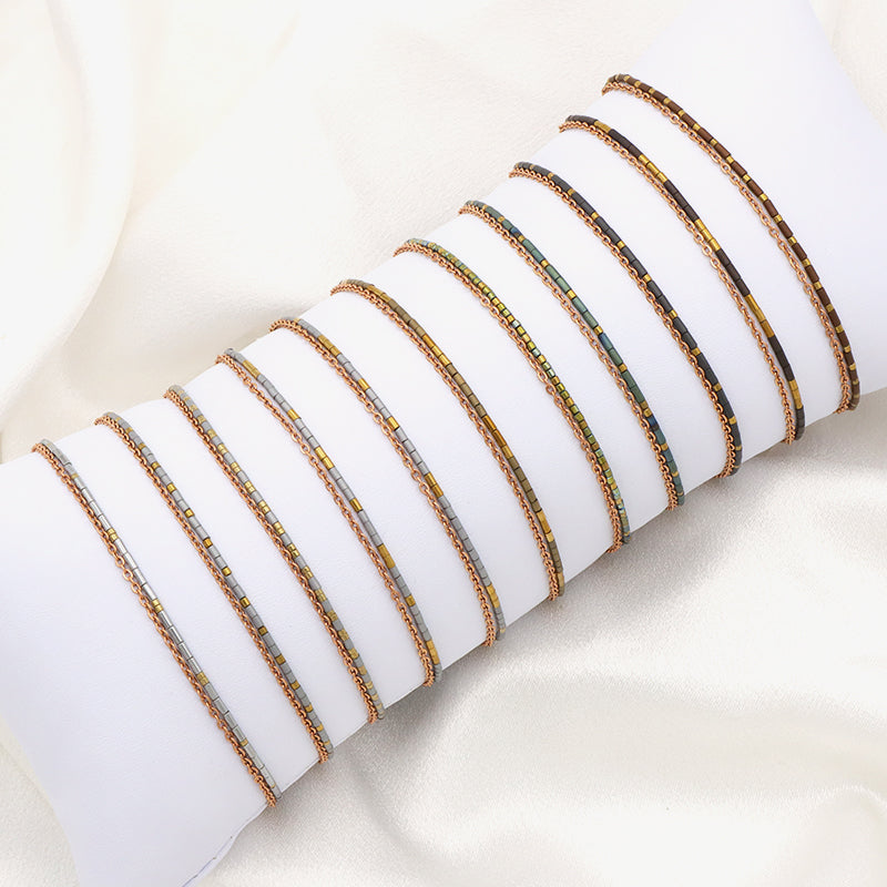 Custom Double layer Gold Plated Stainless steel chain bead Bangle bracelet Woman Handmade Natural Stone beaded Bracelet Jewelry