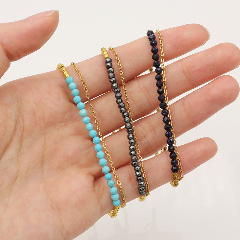 Handmade Double Layer beaded bracelet jewelry Gold Plated Stainless steel chain natural stone beads bracelet for teen girl women