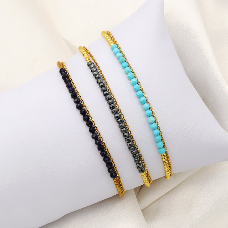 Handmade Double Layer beaded bracelet jewelry Gold Plated Stainless steel chain natural stone beads bracelet for teen girl women