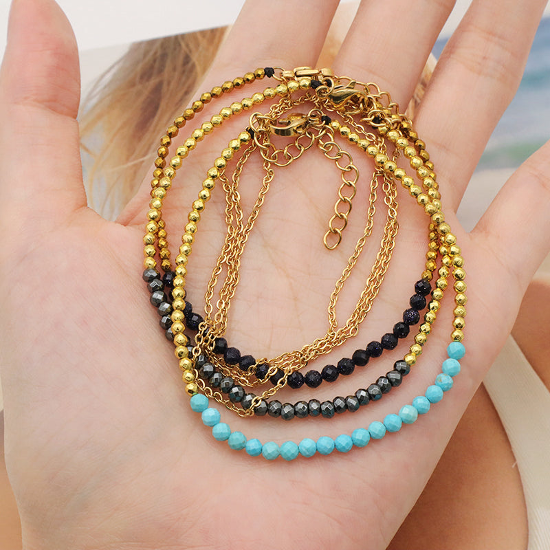 Handmade Double Layer beaded bracelet jewelry Gold Plated Stainless steel chain natural stone beads bracelet for teen girl women
