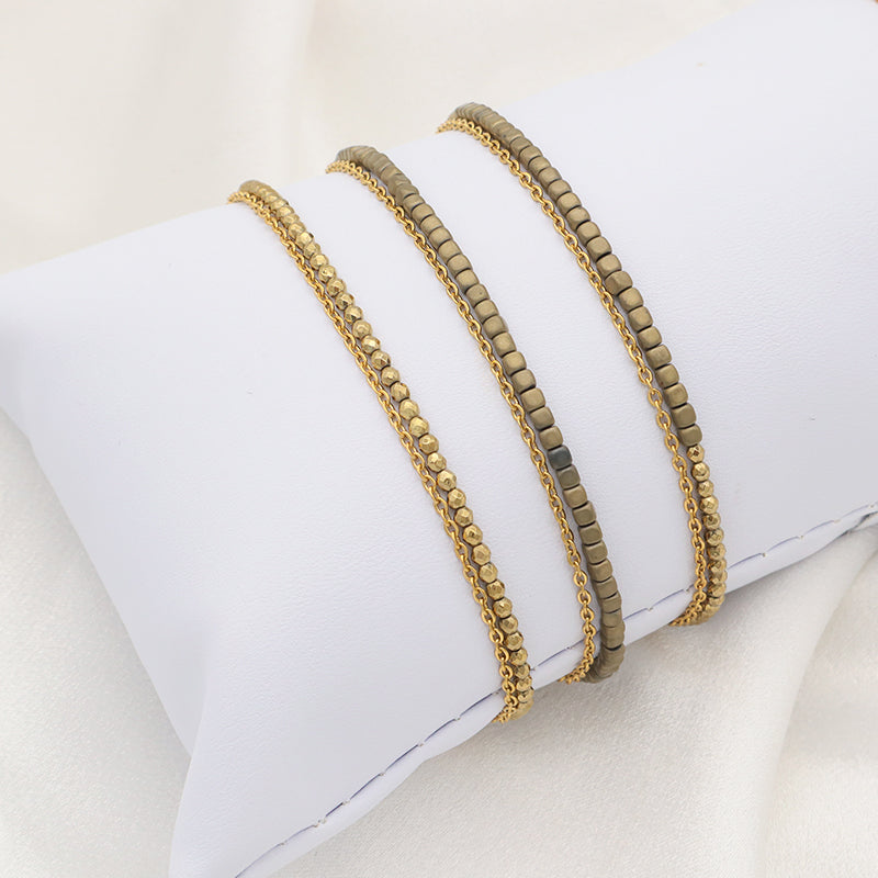 Wholesale Gold Plated Stainless steel chain natural stone beads Double Layer bracelet Women Handmade beaded bracelet jewelry