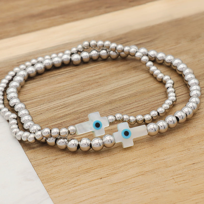 Newest Wholesale Evils Eye Beaded Bracelet stainless steel beads Shell Cross Bracelet For Teen Girl Women