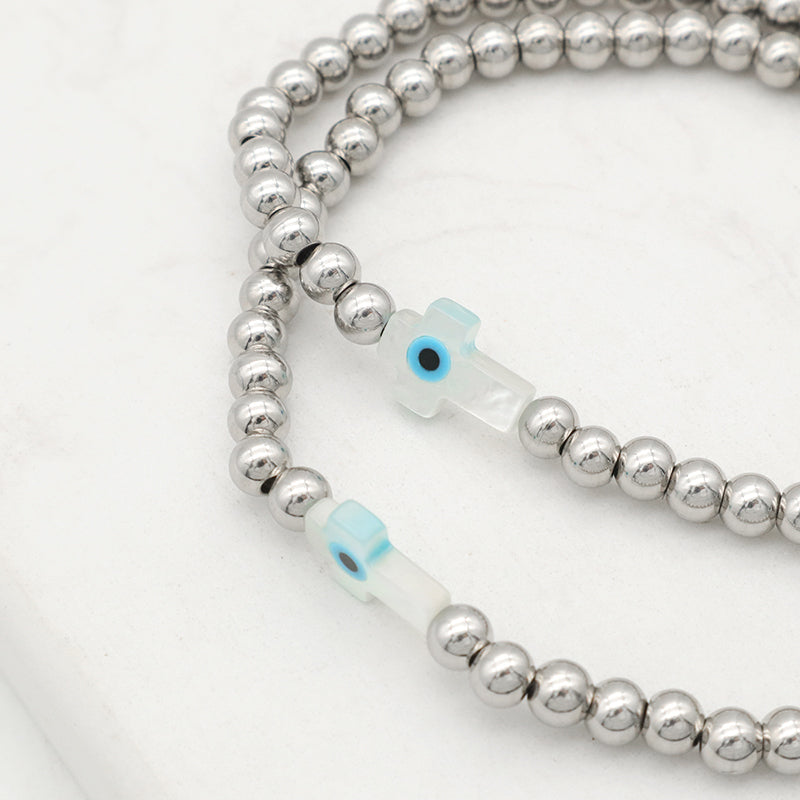 Newest Wholesale Evils Eye Beaded Bracelet stainless steel beads Shell Cross Bracelet For Teen Girl Women