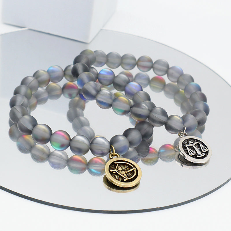 Manufacture Customized Fashion Wholesale OEM Handmade 8mm Synthetic Moonstone Beads Gold Plated Libra Sagittarius Charm Bracelet