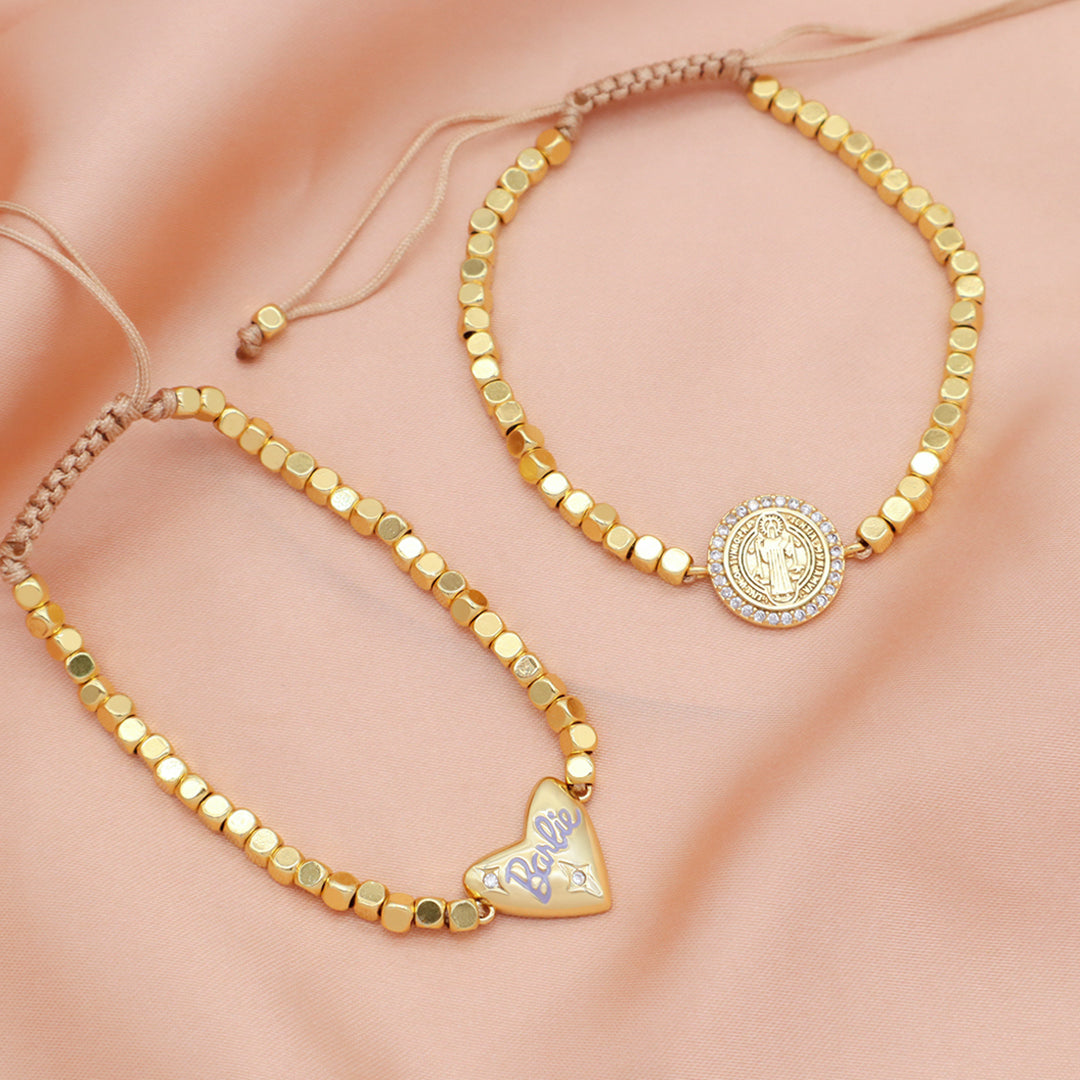 Manufacture Customized Women Jewelry OEM Handmade Gold Plated CZ Enamel Heart Charm 3mm Brass Square beaded bracelet