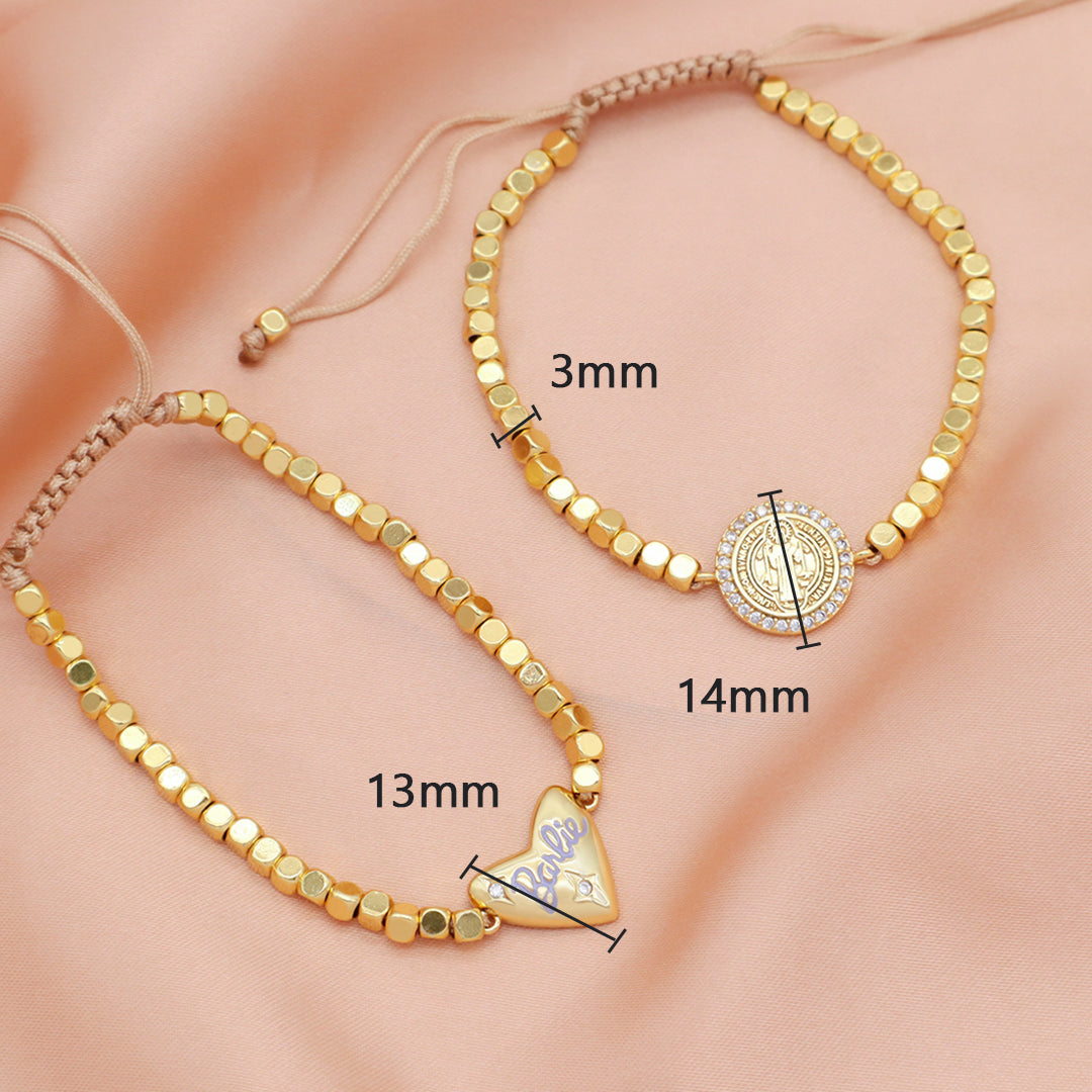 Manufacture Customized Women Jewelry OEM Handmade Gold Plated CZ Enamel Heart Charm 3mm Brass Square beaded bracelet