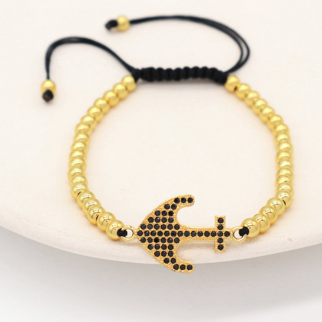 4mm Brass Beads Ajustable Woven Bracelet Manufacture Customized Women OEM Handmade gold filled CZ anchor Charm beaded bracelet