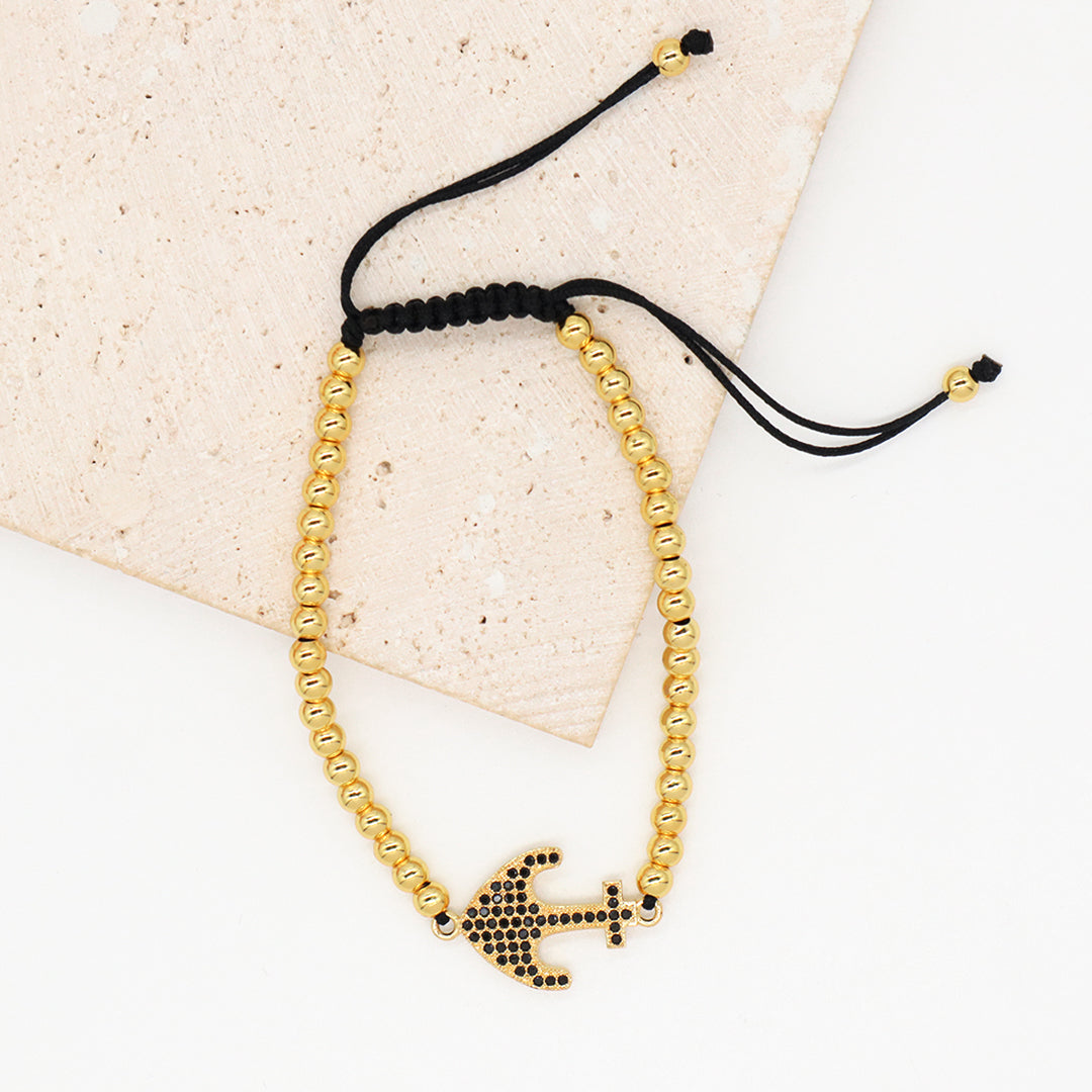 4mm Brass Beads Ajustable Woven Bracelet Manufacture Customized Women OEM Handmade gold filled CZ anchor Charm beaded bracelet