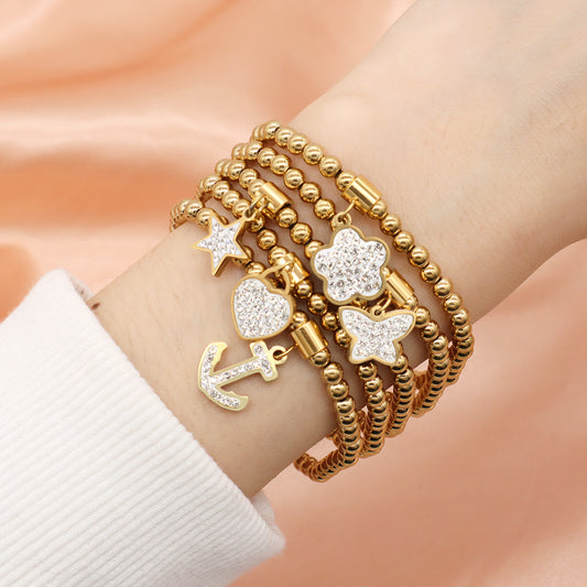 Wholesale Custom Women Diy CZ Heart Star Butterfly Flower Anchor Charm 4mm Gold Plated Stainless Steel Handmade Beaded Bracelet