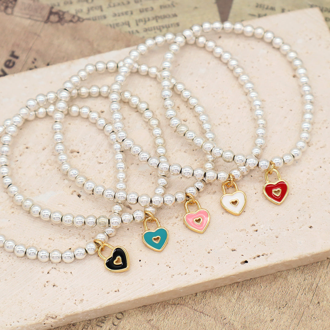 Diy Wholesale OEM Handmade Custom Silver Plated 4mm Natural Stone Beads Enamel Love Heart Charm Bracelets For Women Girl Gift