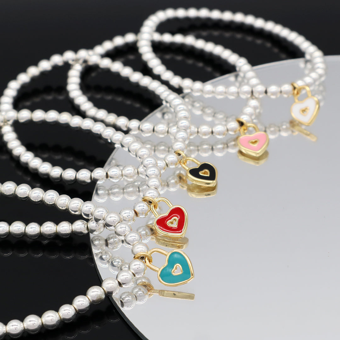 Diy Wholesale OEM Handmade Custom Silver Plated 4mm Natural Stone Beads Enamel Love Heart Charm Bracelets For Women Girl Gift