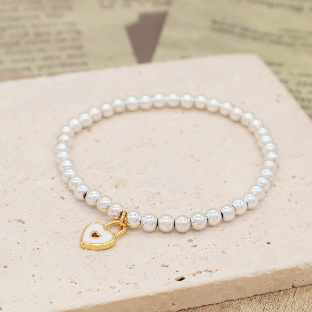 Diy Wholesale OEM Handmade Custom Silver Plated 4mm Natural Stone Beads Enamel Love Heart Charm Bracelets For Women Girl Gift