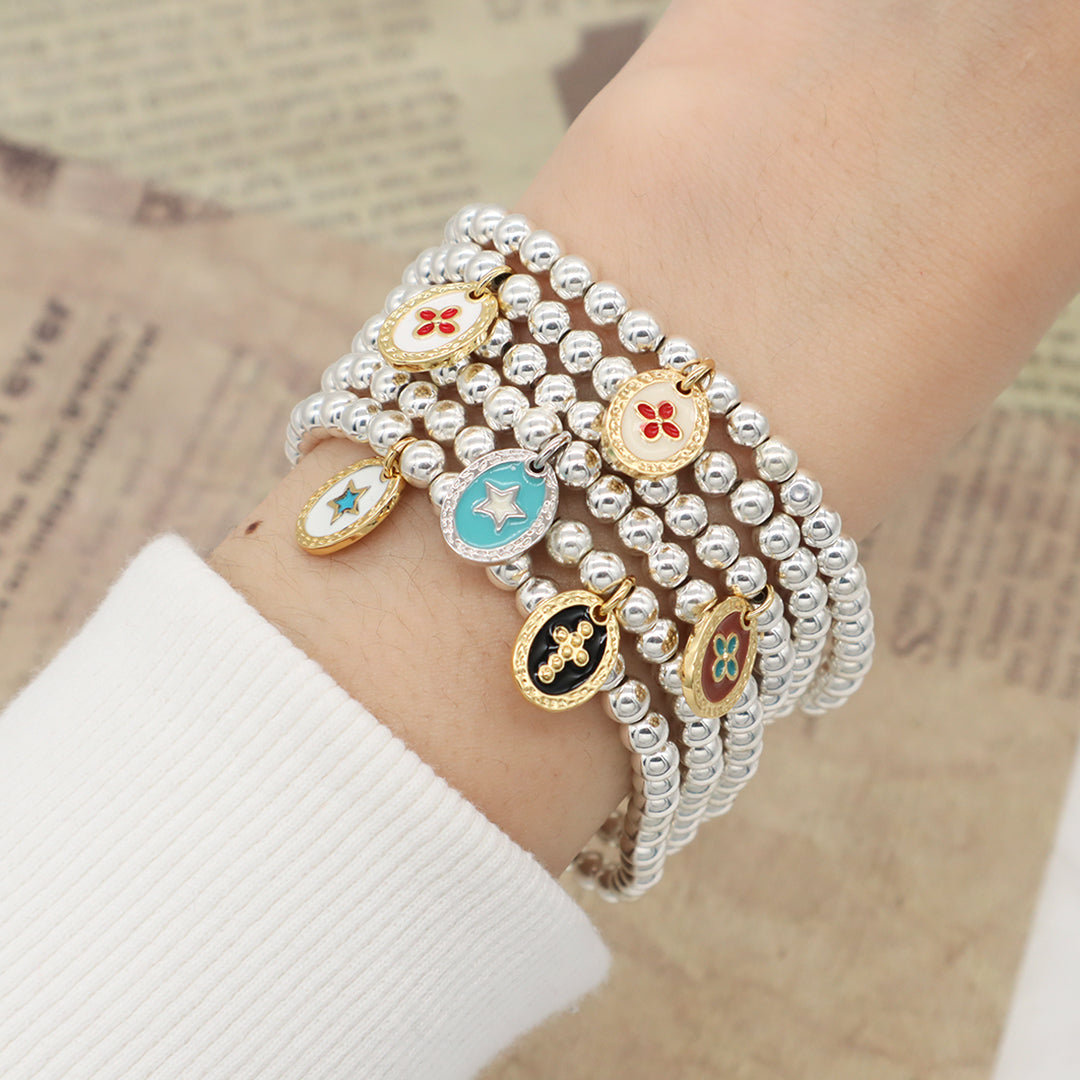 OEM Handmade Diy Wholesale Custom Women Gift Enamel Oval Star Flower Cross Charm Silver Plated 4mm Natural Stone Beads Bracelets