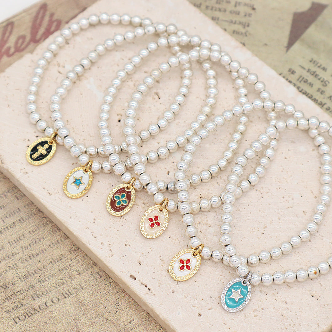 OEM Handmade Diy Wholesale Custom Women Gift Enamel Oval Star Flower Cross Charm Silver Plated 4mm Natural Stone Beads Bracelets