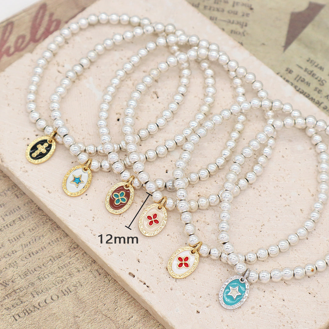 OEM Handmade Diy Wholesale Custom Women Gift Enamel Oval Star Flower Cross Charm Silver Plated 4mm Natural Stone Beads Bracelets