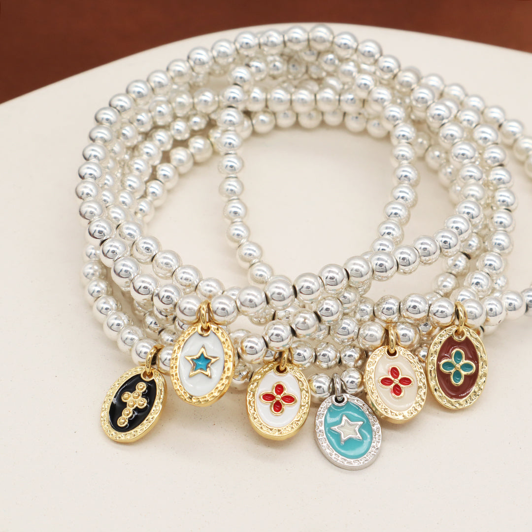 OEM Handmade Diy Wholesale Custom Women Gift Enamel Oval Star Flower Cross Charm Silver Plated 4mm Natural Stone Beads Bracelets