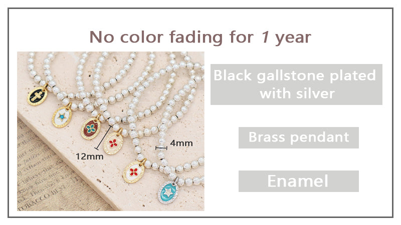 OEM Handmade Diy Wholesale Custom Women Gift Enamel Oval Star Flower Cross Charm Silver Plated 4mm Natural Stone Beads Bracelets